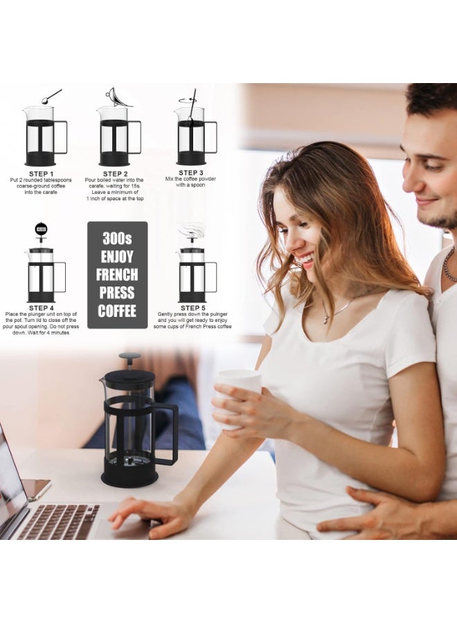 ماكينة تحضير القهوة الفرنسية سعة 350 مل - مصنوعة من زجاج البوروسيليكات المتين مع فلتر ثلاثي من الفولاذ المقاوم للصدأ لتحضير الإسبريسو والقهوة والشاي، مقاومة للحرارة، بتصميم أسود أنيق - Image 4